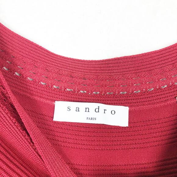 Sandro Masha Off-the-Shoulder Rib Knit Dress Size 8 Red Stretch Knee Length - Picture 5 of 13